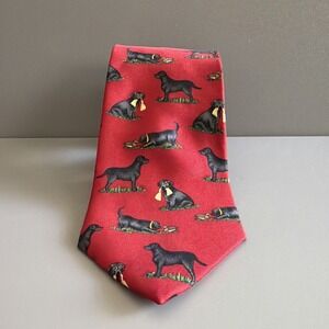 Vtg 1990s Alynn Neckwear "Black Labrador Retriever " 100% Silk Red Mens Neck Tie